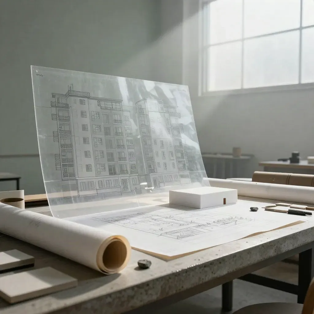 Planos técnicos, maqueta y muestras de piedra en un estudio con luz dramática.
