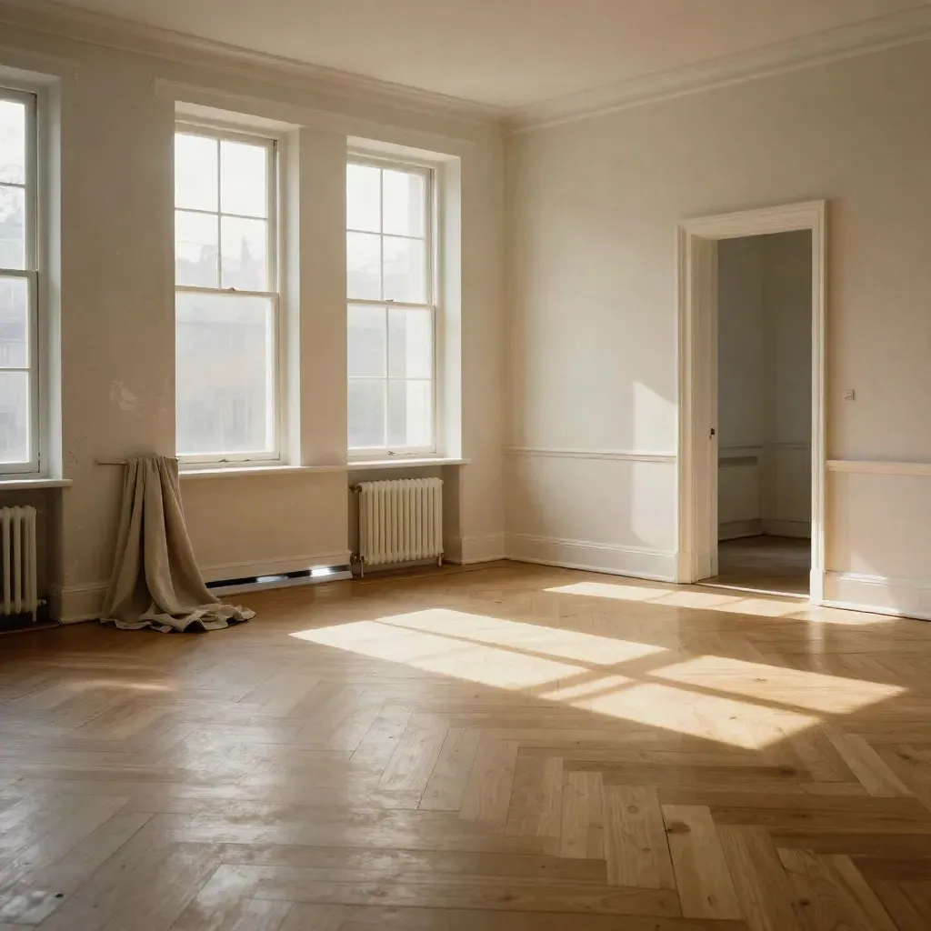 Salón reformado con suelo de roble claro y luz cálida entrando por ventanales altos.