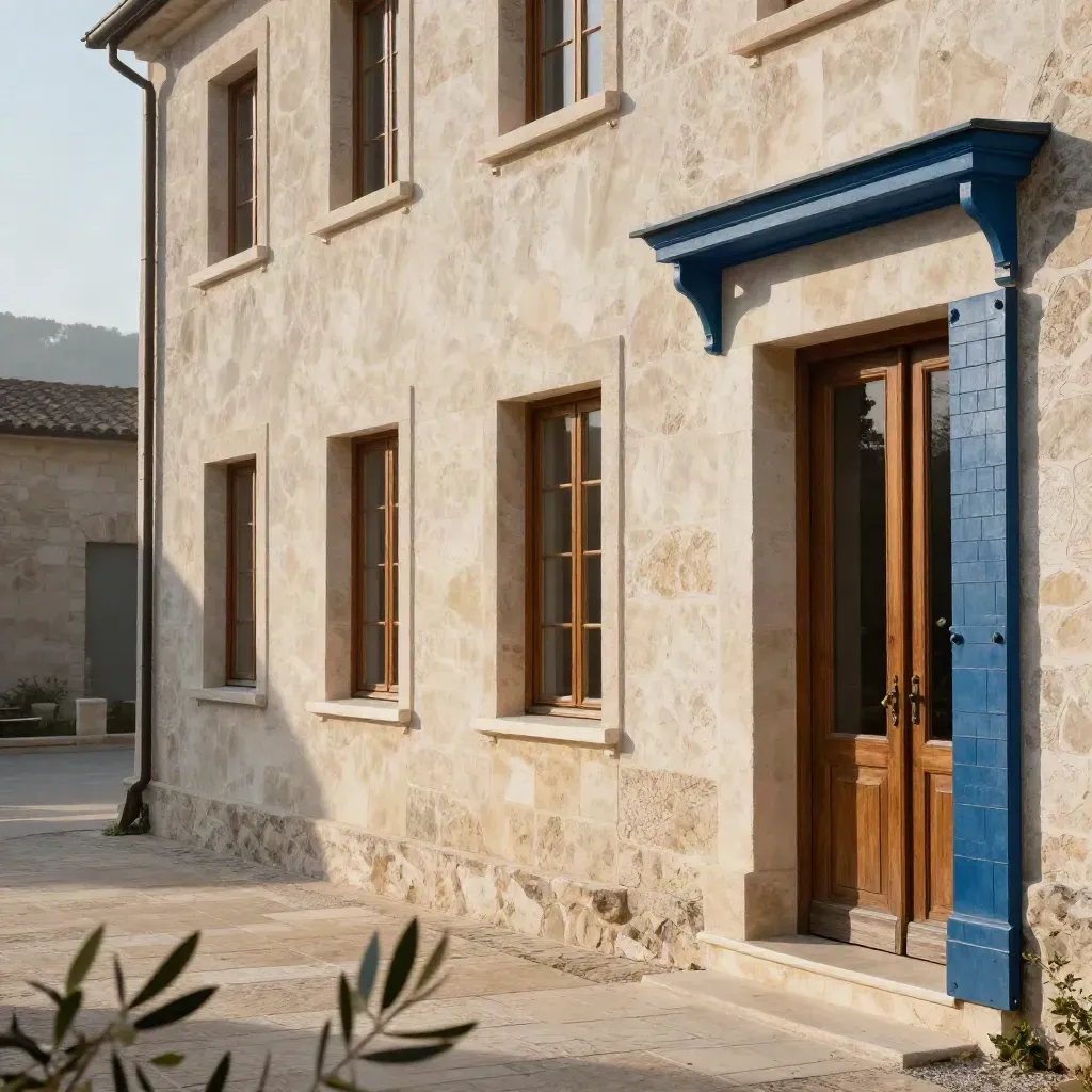 Fachada de patio restaurada con ventanas alineadas y umbral de piedra limpio.