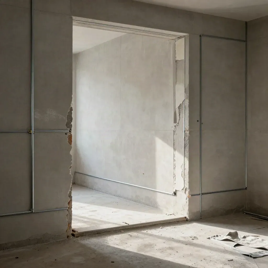 Sala de obra con bloque visto, juntas corregidas, marcas de tiza y polvo en luz rasante.