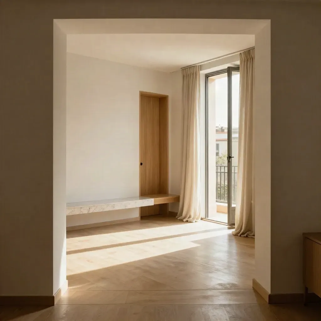 Interior luminoso de un piso madrileño vacío con suelo de roble claro y luz cálida de balcón.