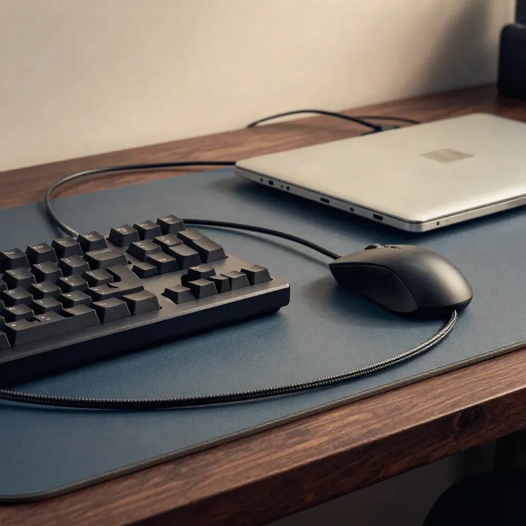 Teclado programable, ratón 3D, cables trenzados y portátil cerrado en una mesa de trabajo.
