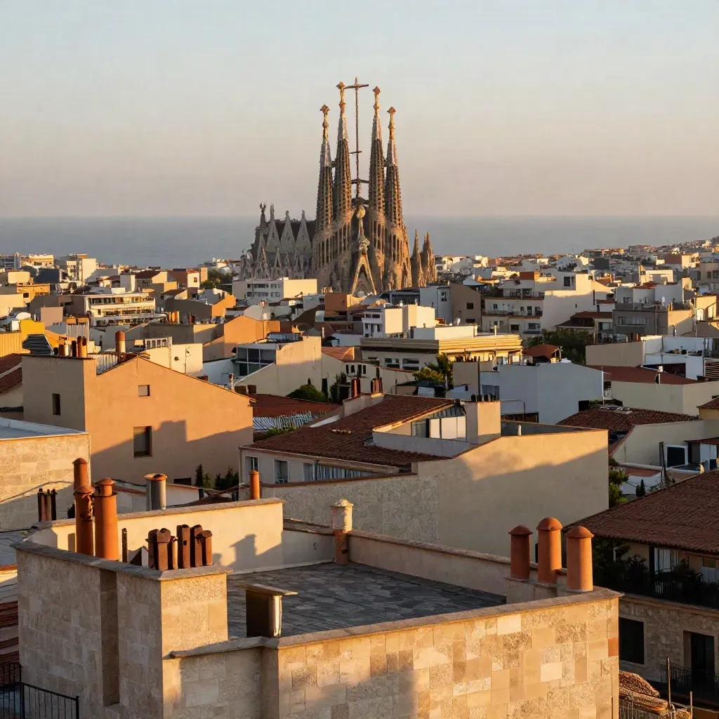 Vista dorada de Barcelona con la Sagrada Familia sobre los tejados del Eixample y niebla marina