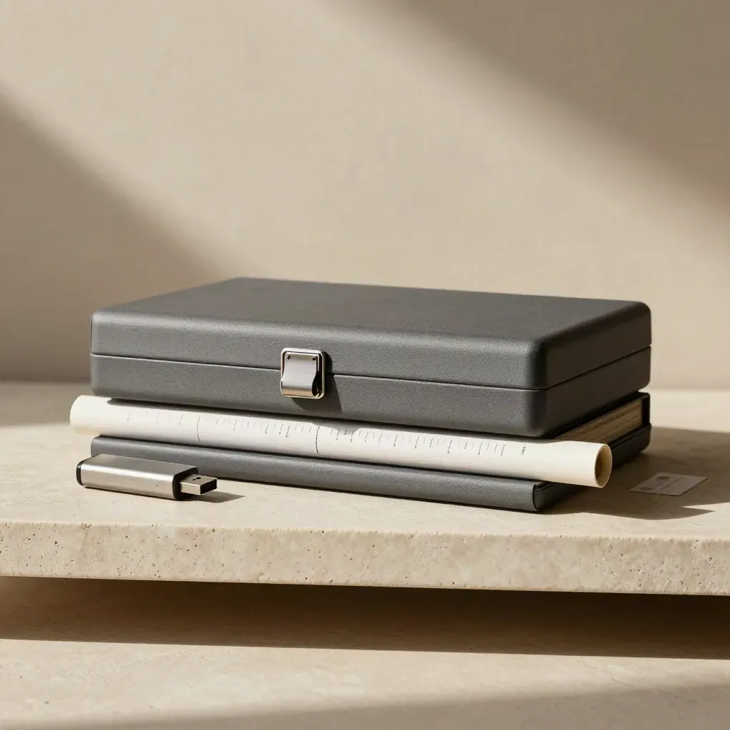 Caja de archivo, USB metálico y tubo rígido sobre estante de piedra, luz suave lateral.
