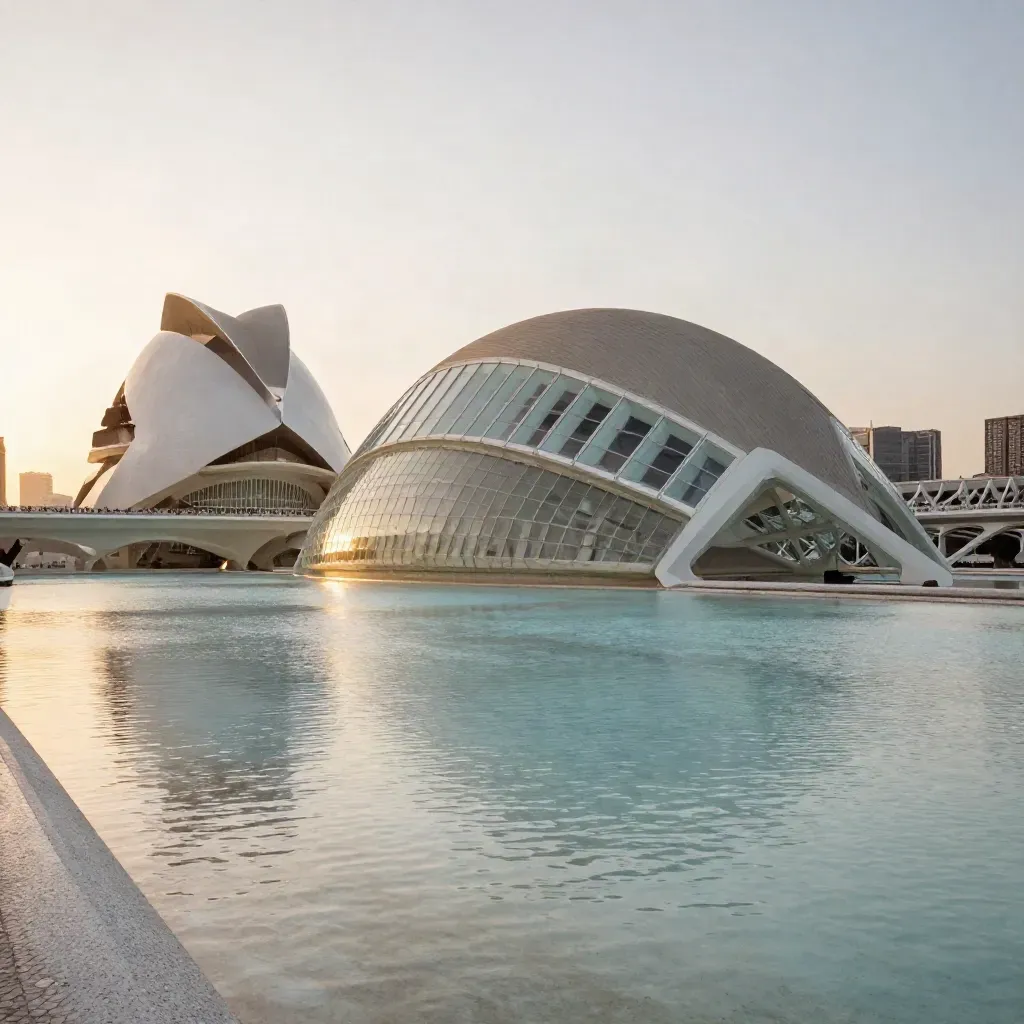 La Ciudad de las Artes y las Ciencias de Valencia sobre agua en calma, luz dorada y bruma costera.