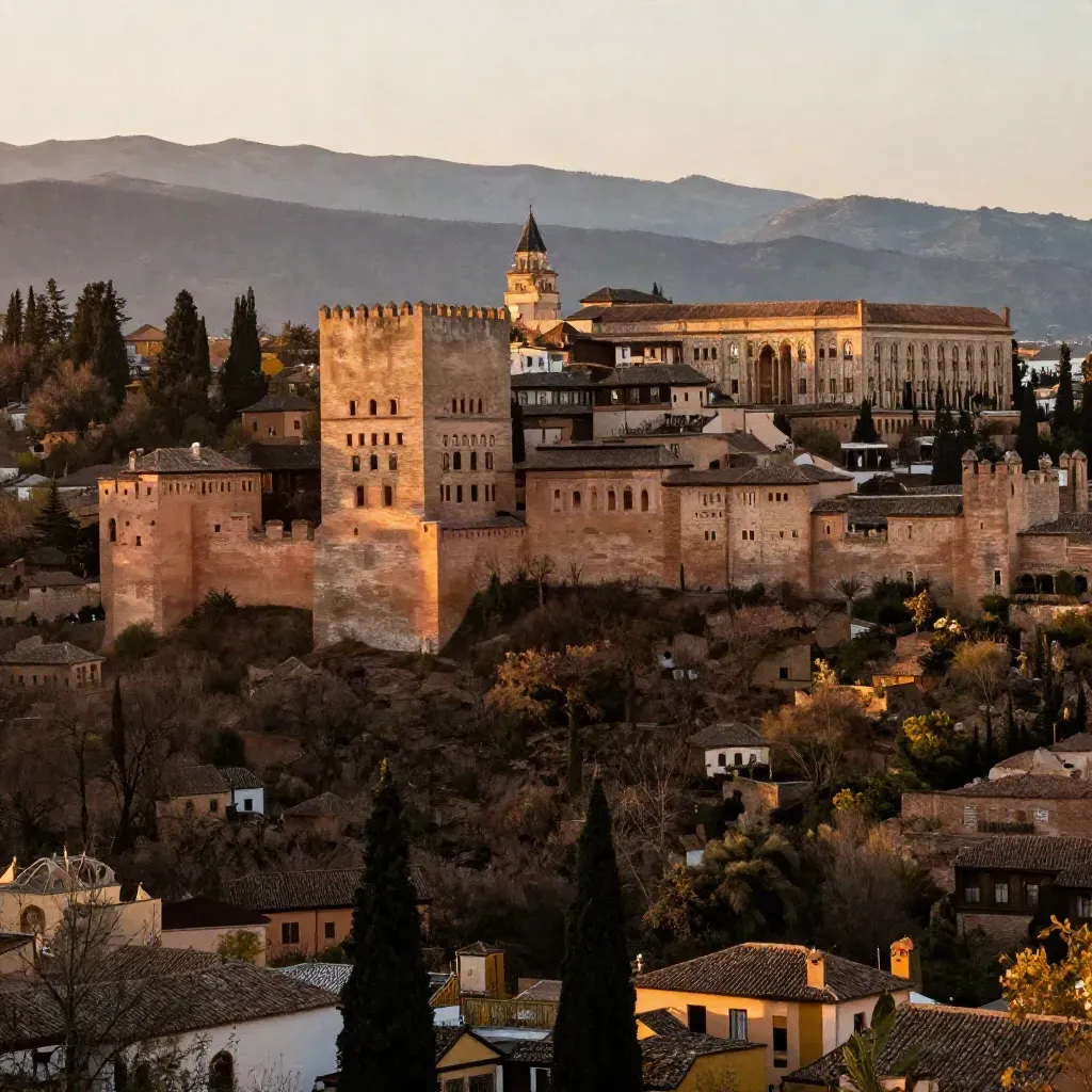 Vista de la Alhambra sobre Granada al atardecer, con niebla dorada y colinas lejanas.