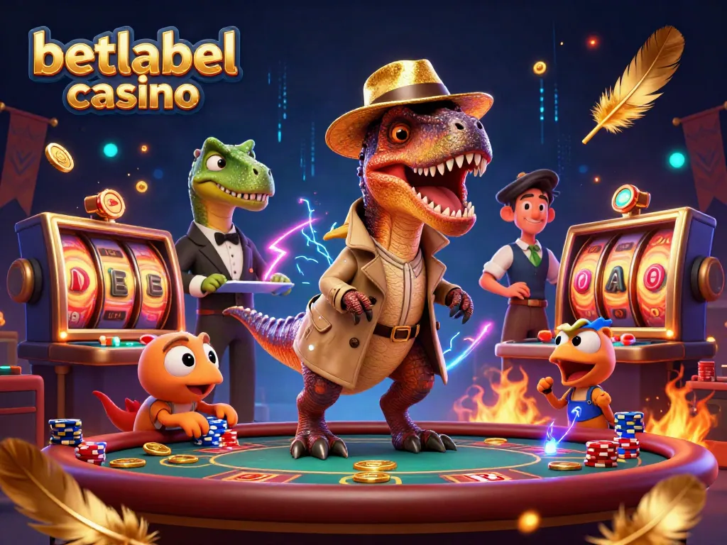 Experience thrilling action at betlabel casino with a velociraptor card counter and vibrant gambling elements.